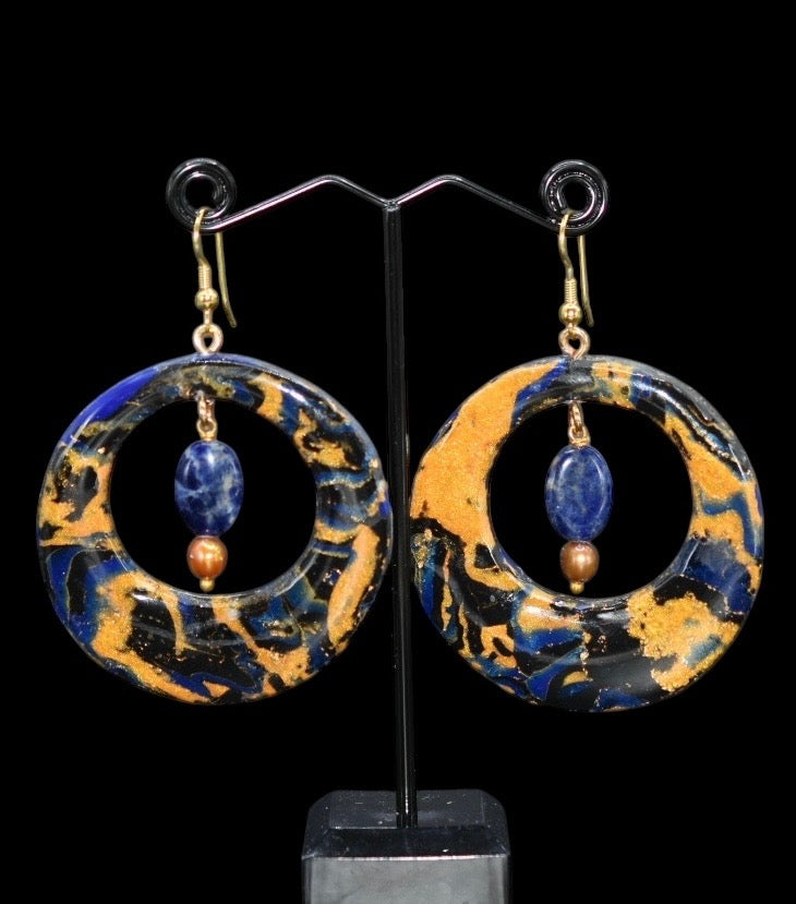Blue and Gold Sodalite and Pearl Earrings