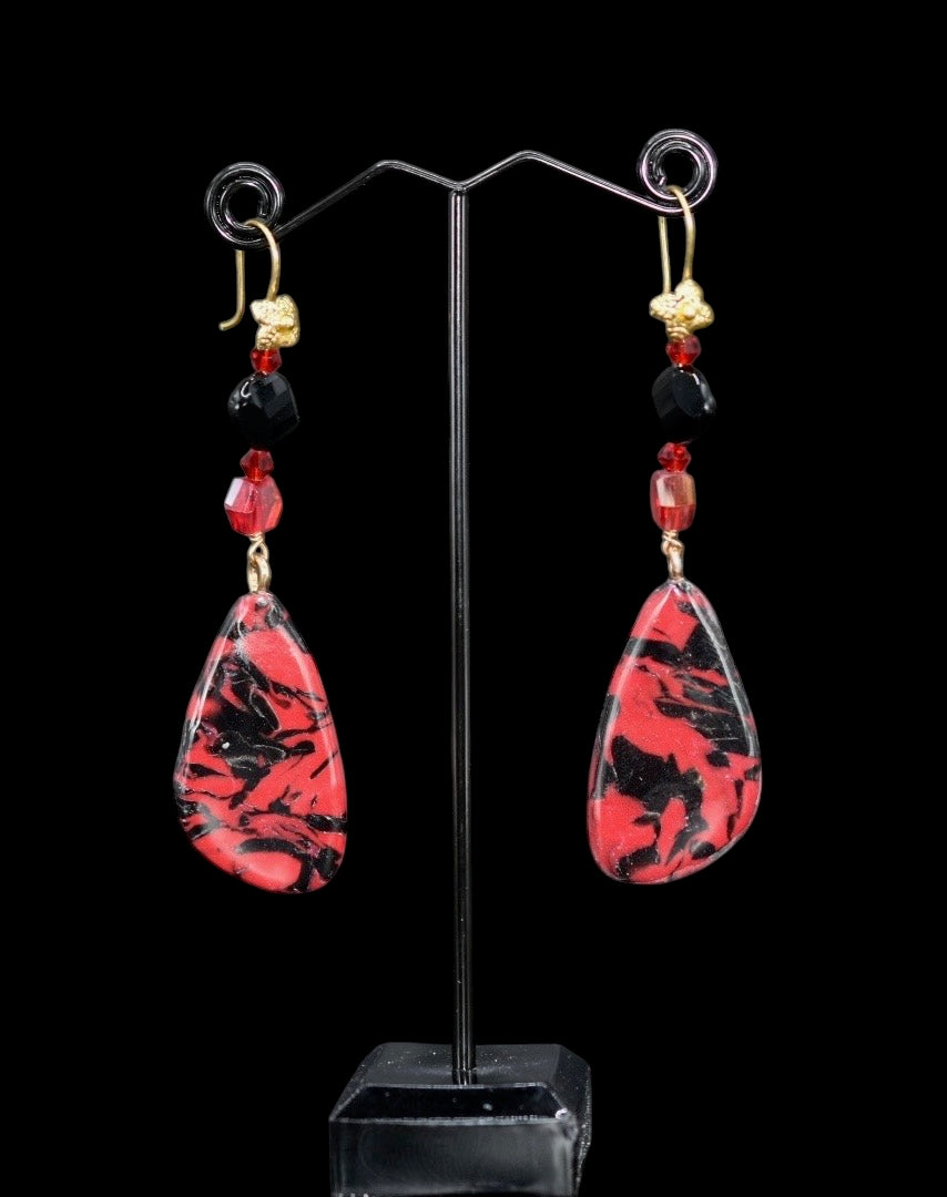 Red and Black Onyx and Glass Bead Earrings