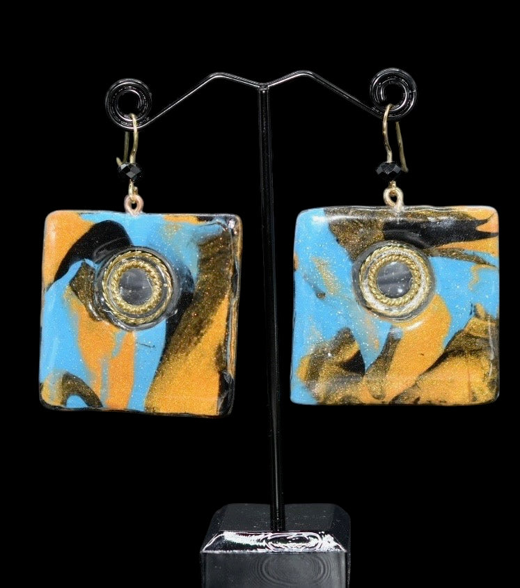 Aqua and Orange Marbleized Glass Bead Earrings