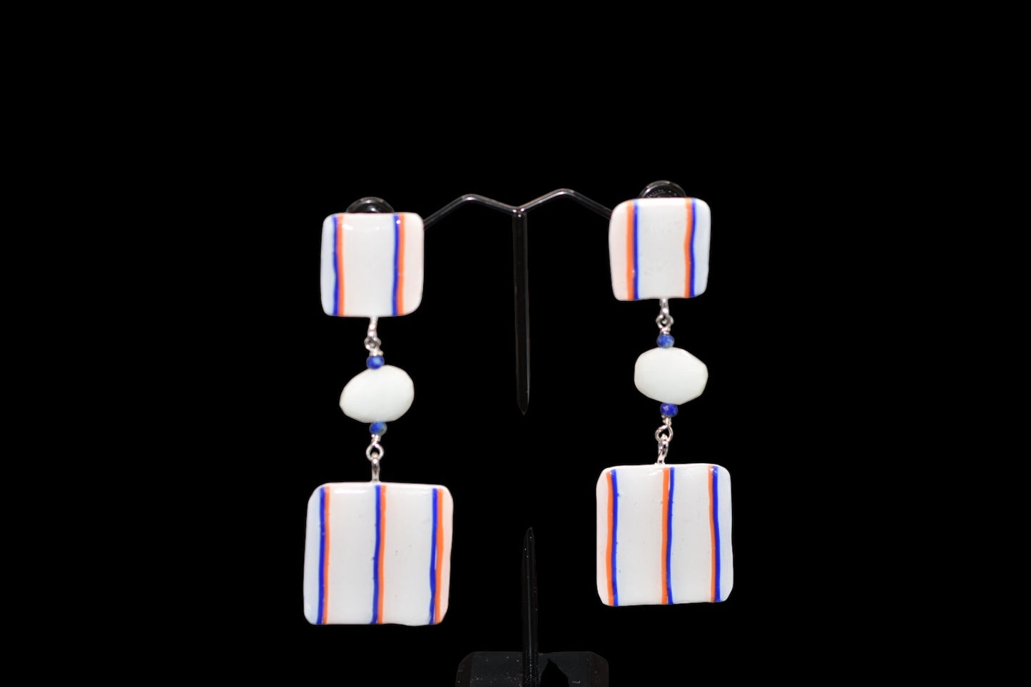 White Orange and Blue Polymer Clay Earrings