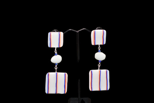 White Orange and Blue Polymer Clay Earrings