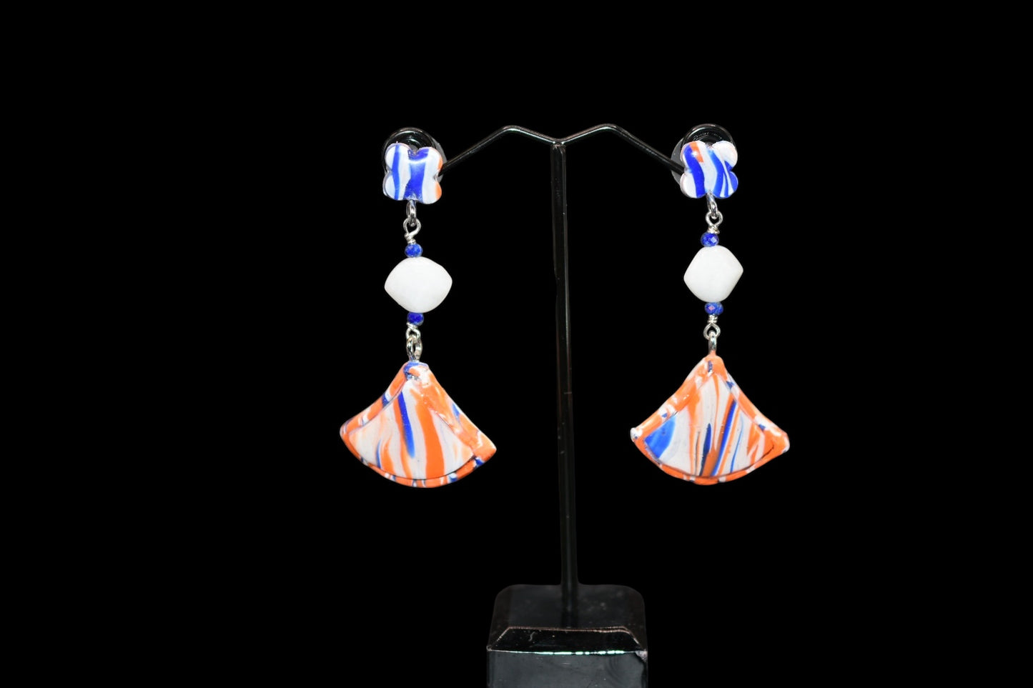 Blue Orange and White Polymer Clay Earrings